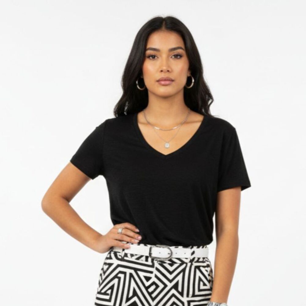 Eileen Fisher Black Short‎ Sleeve V Neck Tee Shirt Top S